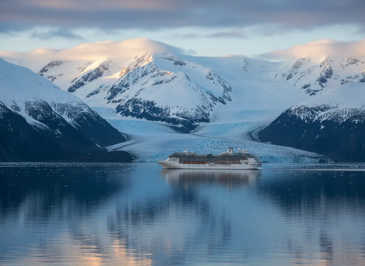 Alaskan cruise ship near glaciers and mountains